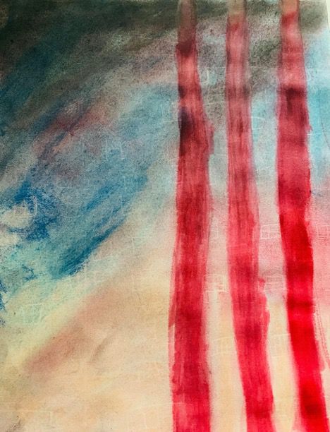An abstract painting of three red vertical streaks running down a blue and beige background.